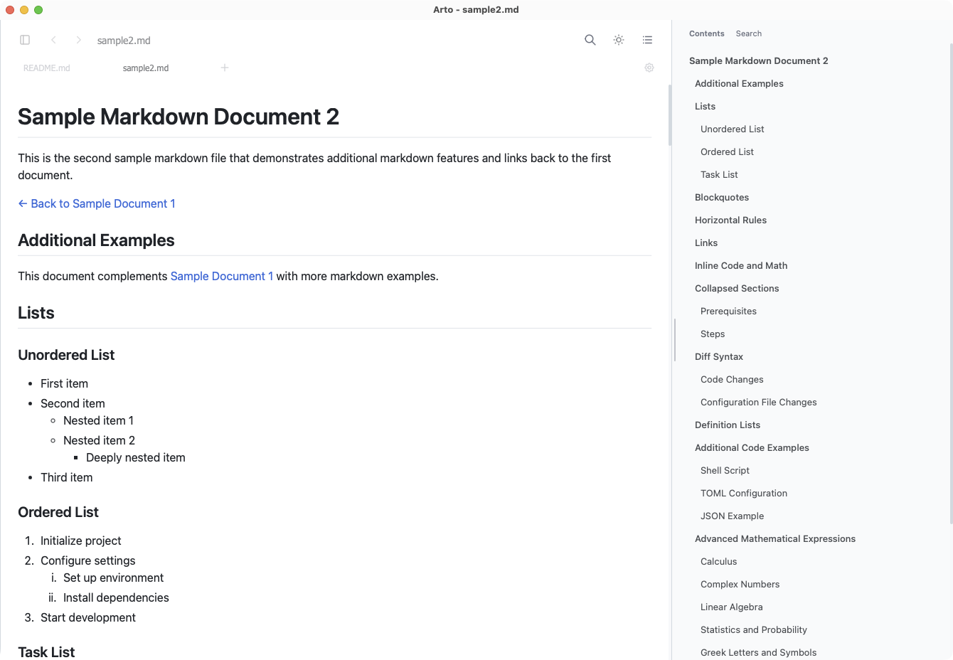 Table of contents panel
