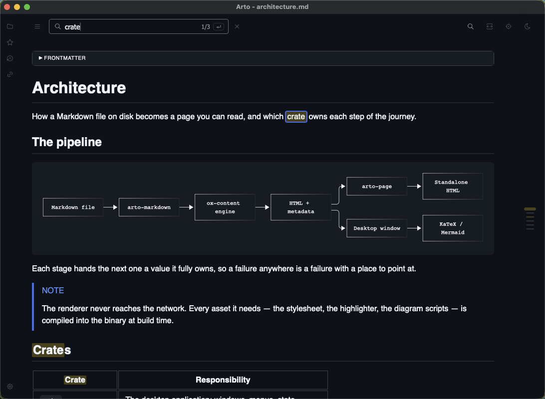Find in the header, with the document's name stepped aside and a match count in the field