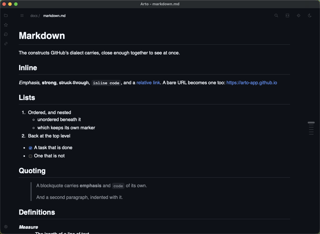 Emphasis, strikethrough, inline code, links, nested and task lists, and a blockquote rendered in Arto