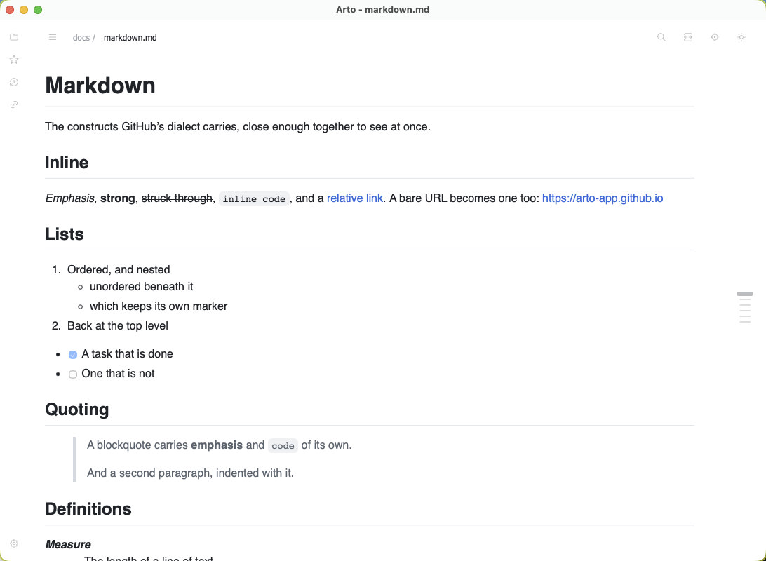 Emphasis, strikethrough, inline code, links, nested and task lists, and a blockquote rendered in Arto