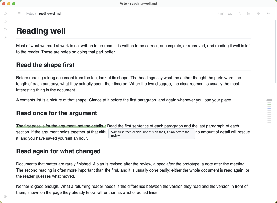 Two highlights in a document, one green with a note shown on hover, one blue