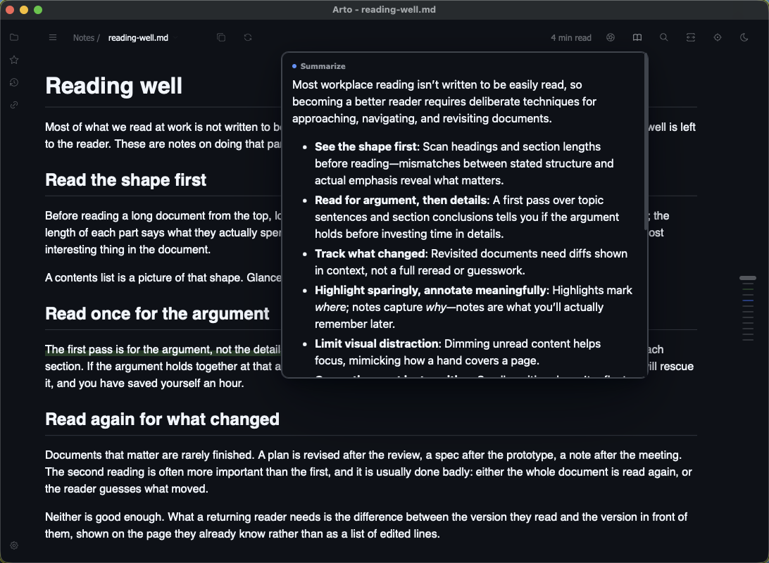 A summary of the document opened from its glyph in the header, as a short gist and a list of main points