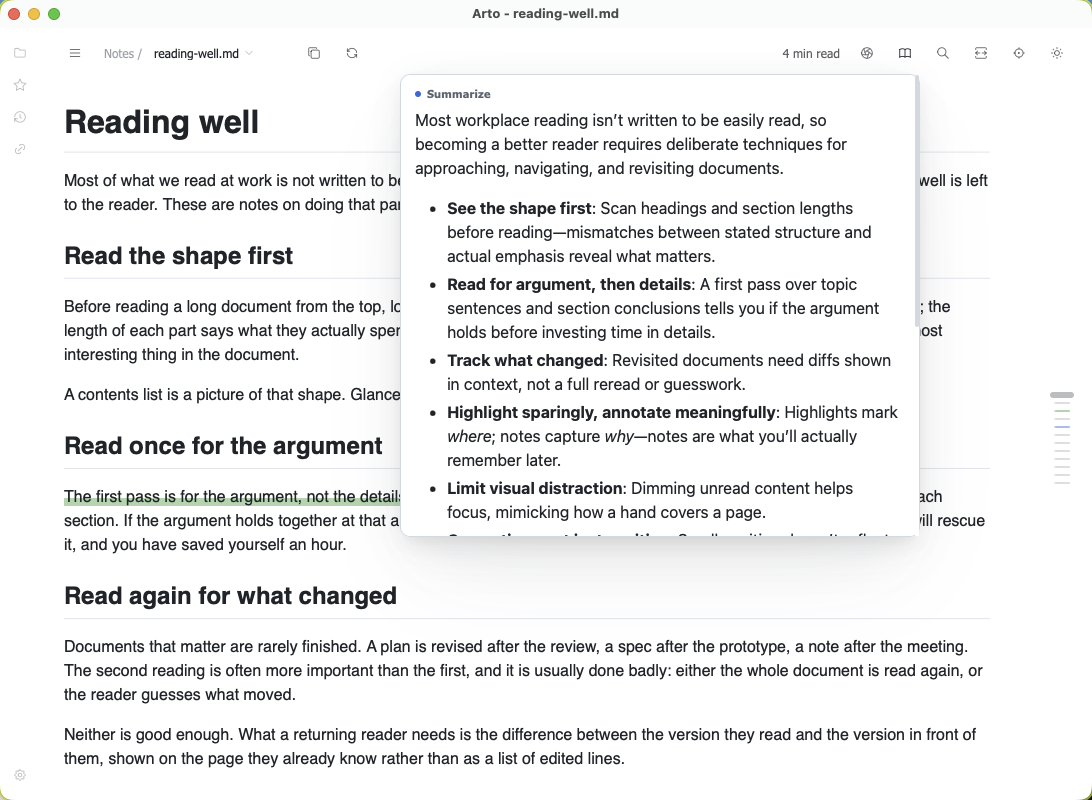 A summary of the document opened from its glyph in the header, as a short gist and a list of main points