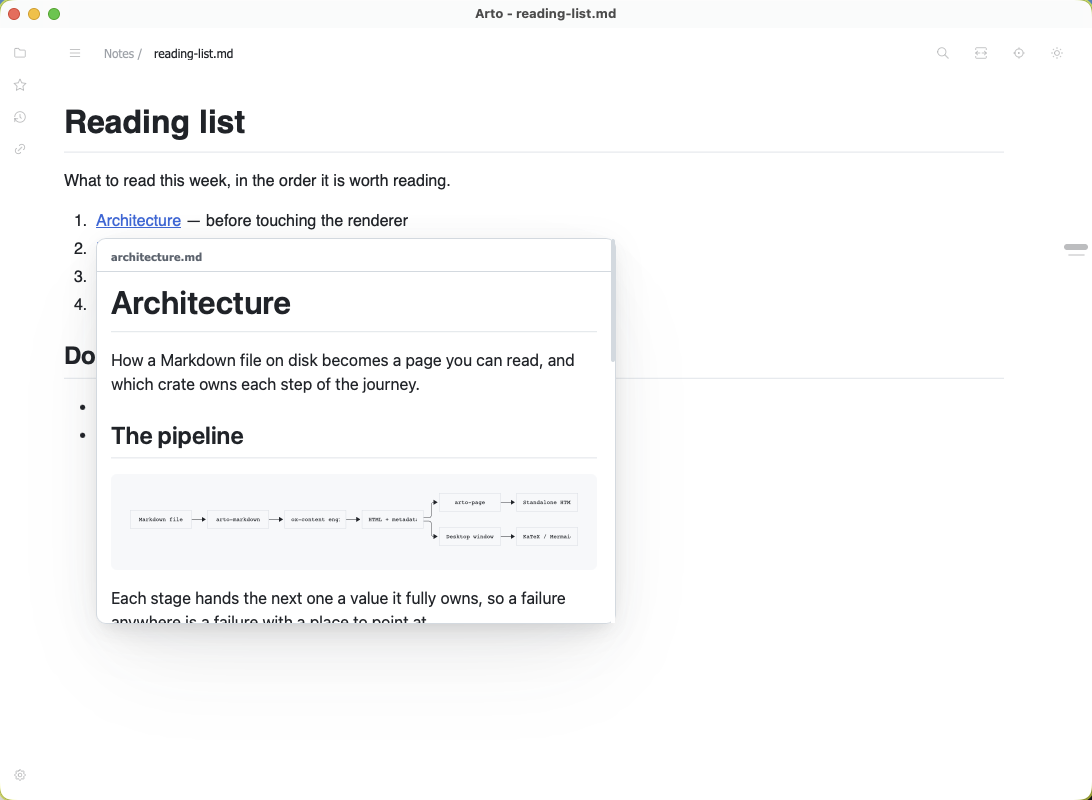 A card previewing the linked document, its heading, opening paragraph and diagram, beside the link in a reading list