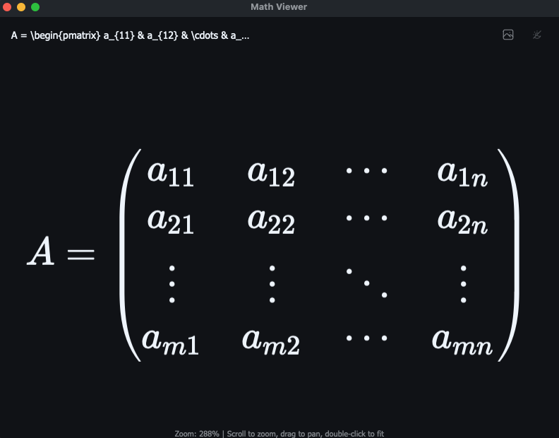 A matrix open in the math viewer, with its LaTeX source in the header