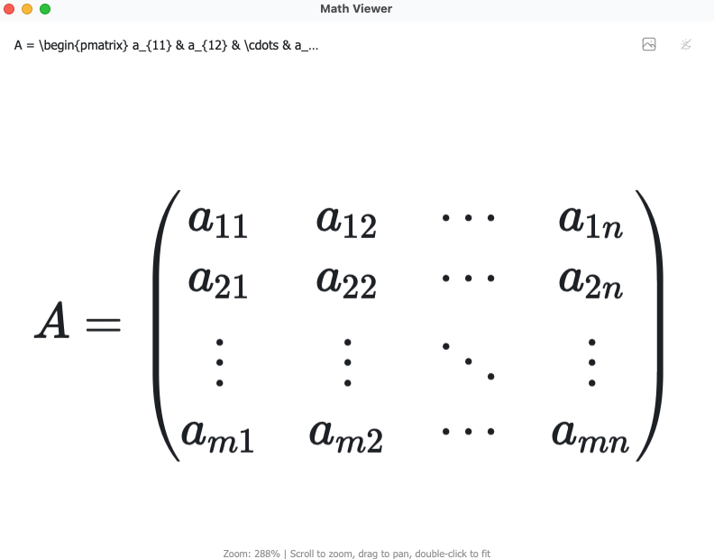 A matrix open in the math viewer, with its LaTeX source in the header