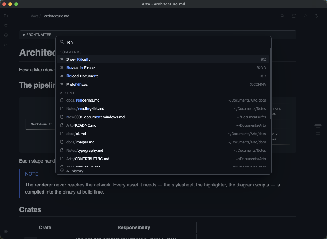 Arto's command palette, one query matching commands and documents at once