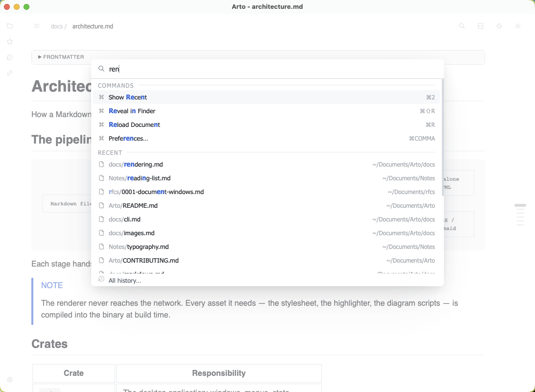Arto's command palette, one query matching commands and documents at once
