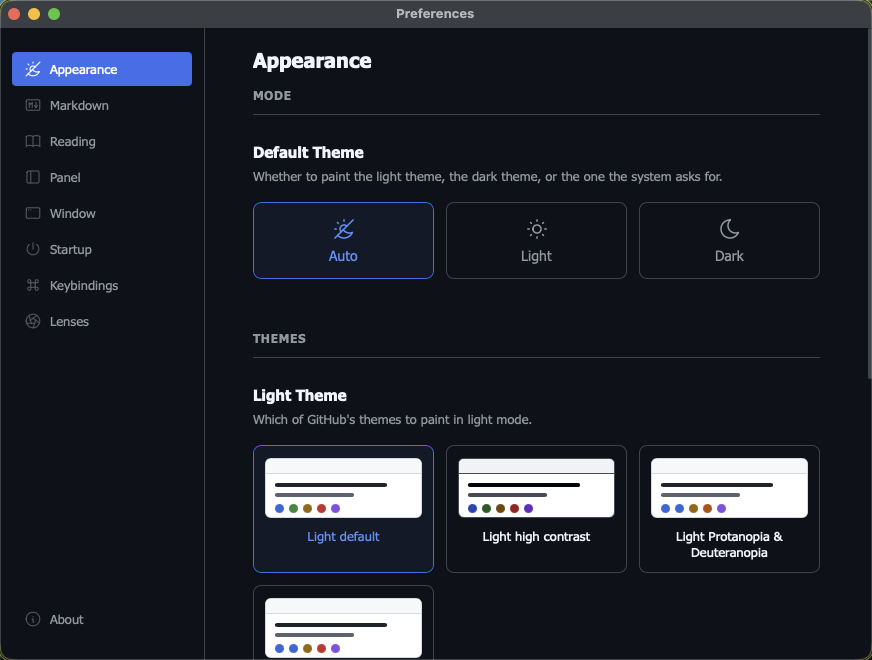Arto's preferences window showing the appearance pane and GitHub's themes