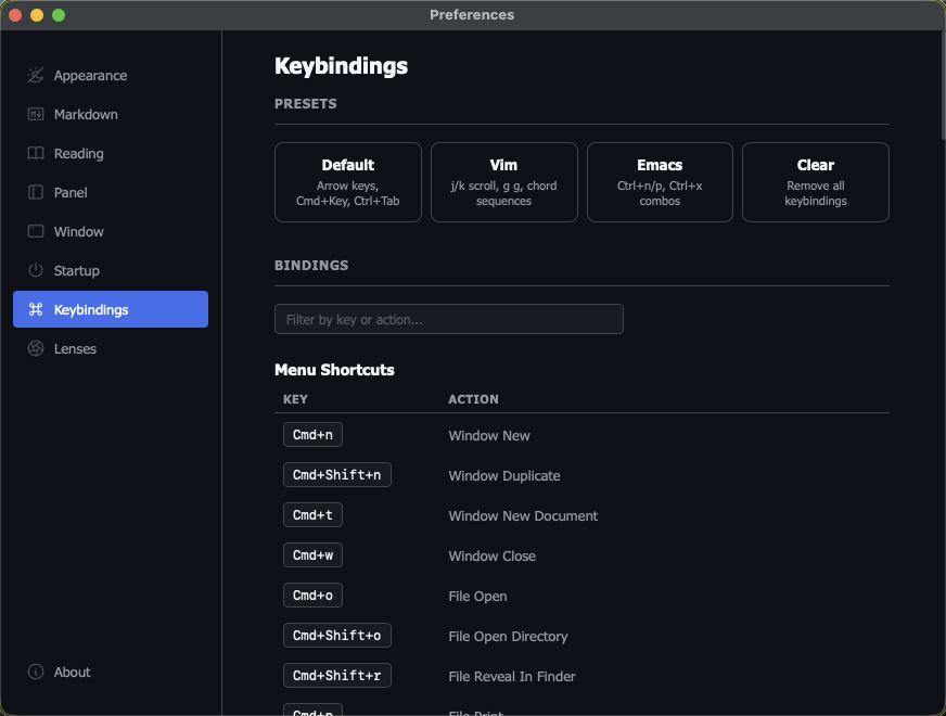 The keybindings pane in preferences: presets, a filter field, and the shortcut table