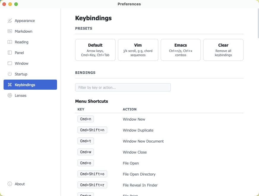 The keybindings pane in preferences: presets, a filter field, and the shortcut table