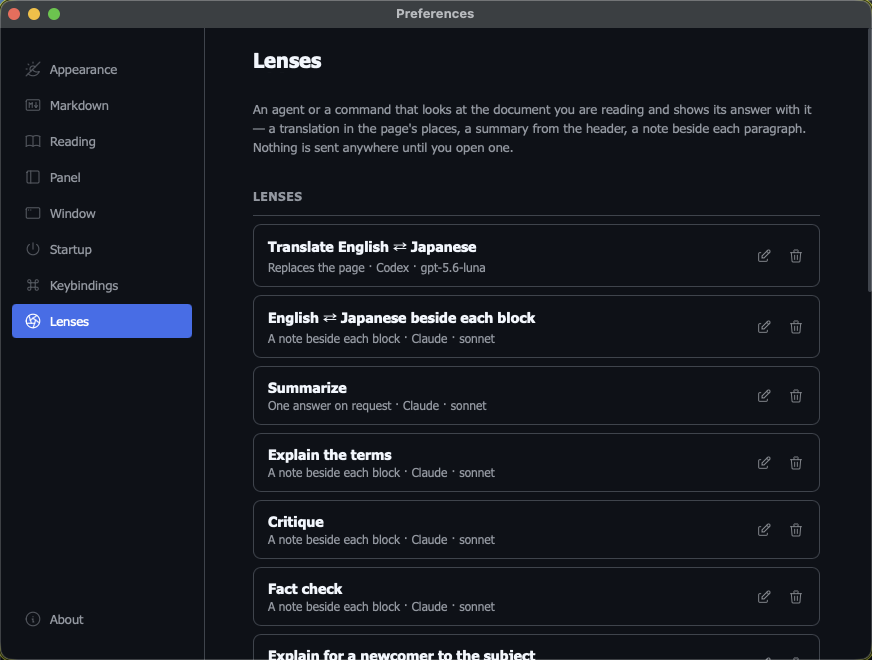 The Lenses pane in preferences, listing lenses with their display and agent