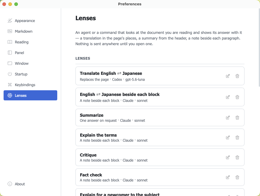 The Lenses pane in preferences, listing lenses with their display and agent