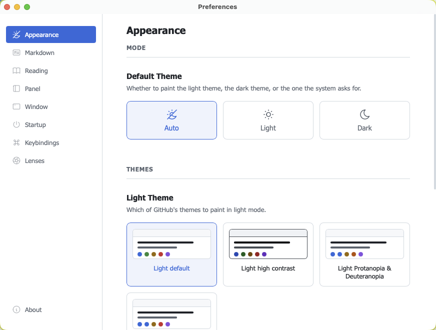 Arto's preferences window showing the appearance pane and GitHub's themes