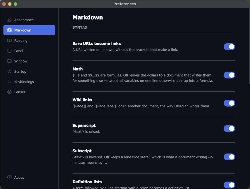 The Markdown pane in preferences, with a toggle and an explanation for each extension