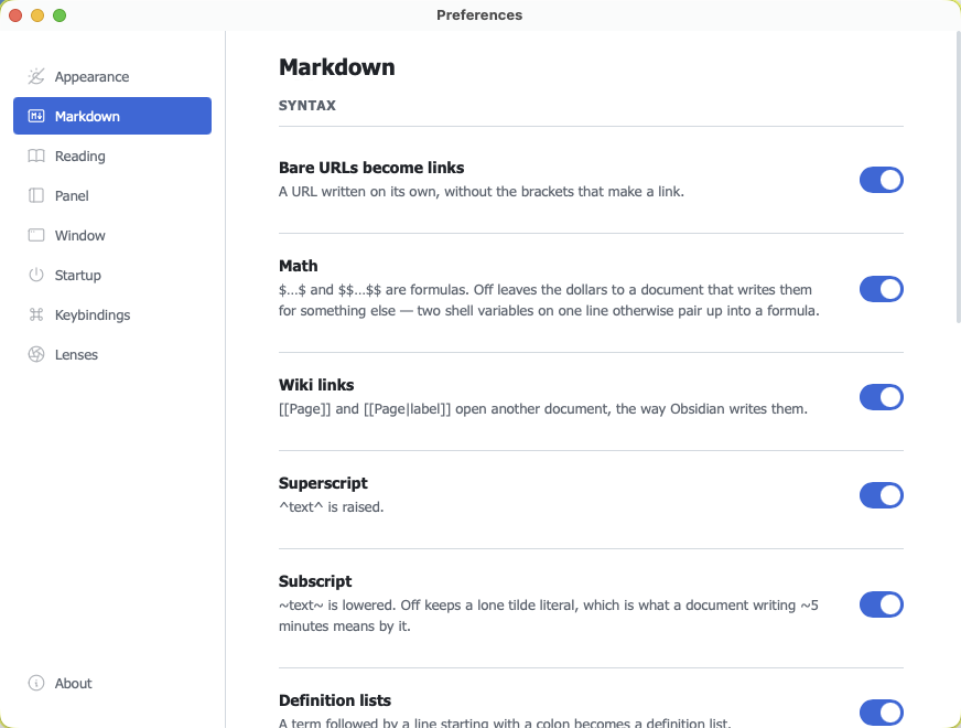 The Markdown pane in preferences, with a toggle and an explanation for each extension