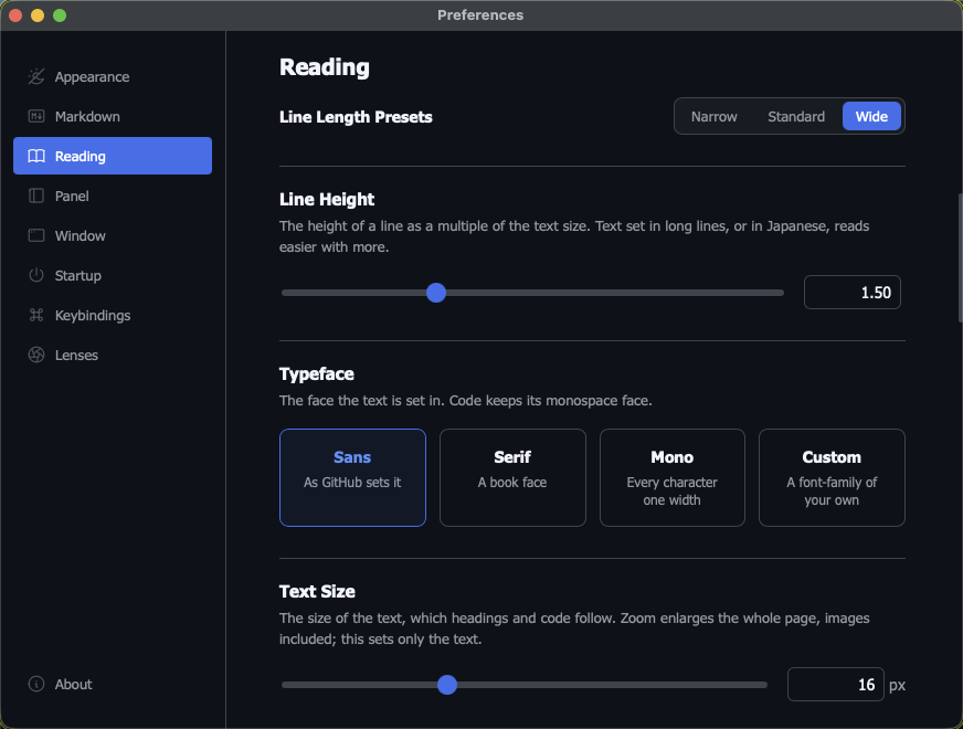 The Reading pane in preferences: line length presets, line height, typeface choices and text size