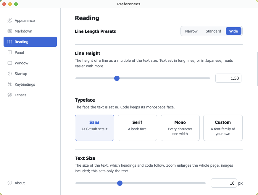 The Reading pane in preferences: line length presets, line height, typeface choices and text size