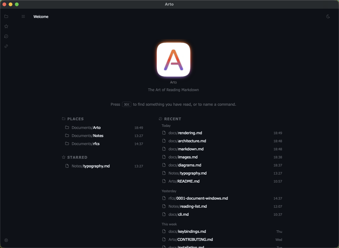 Arto's welcome page with starred folders, starred files and reading history