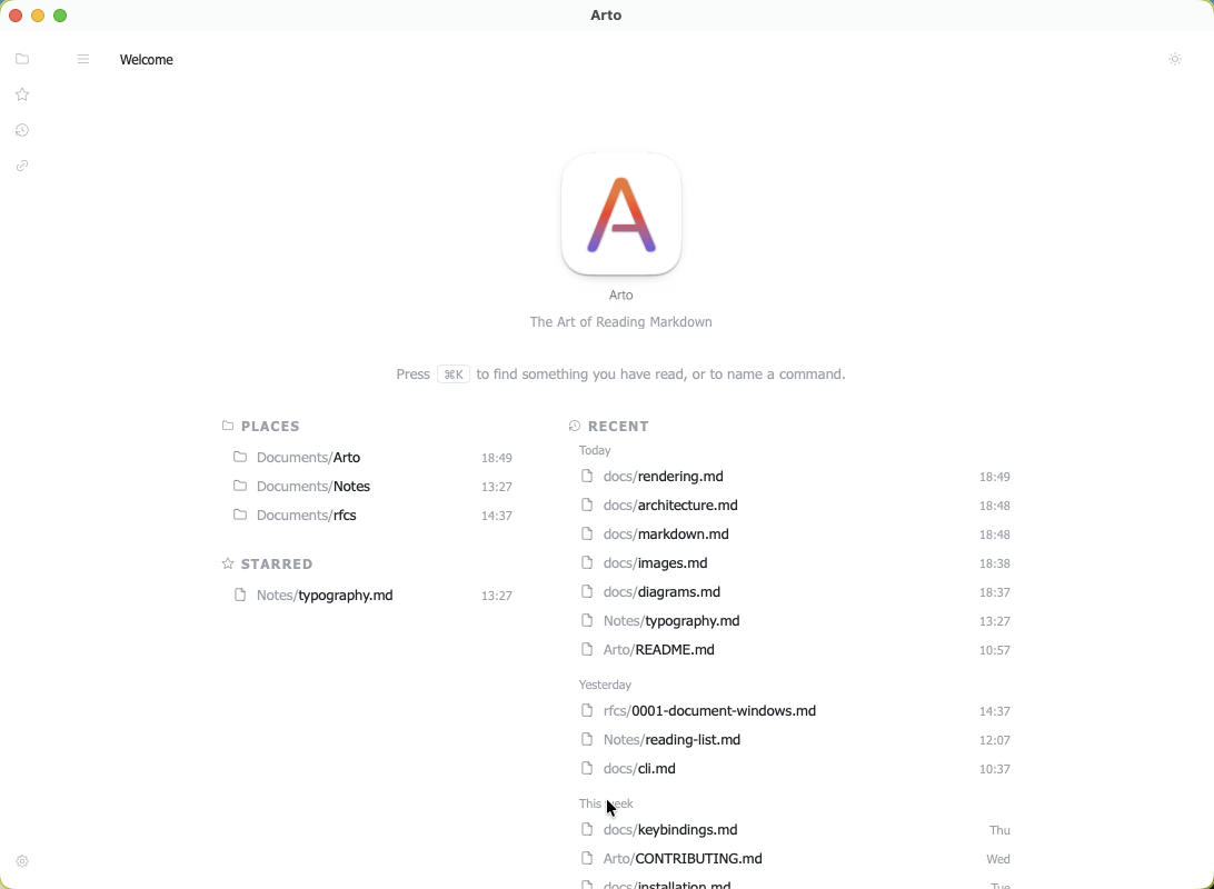 Arto's welcome page with starred folders, starred files and reading history